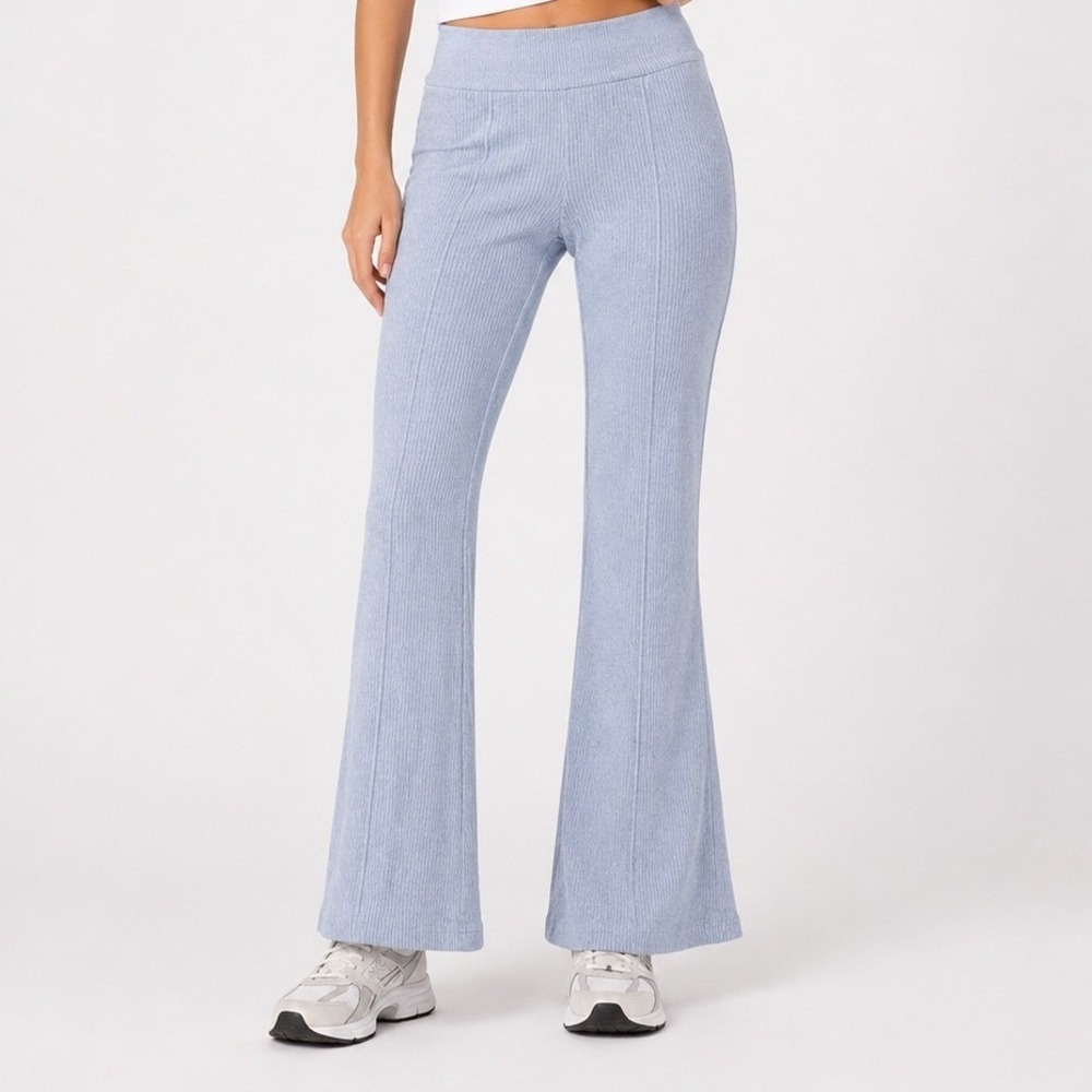 Aerie Womens Flare Pants Ribbed Knit Heather Blue High Rise Pintuck Seam Medium